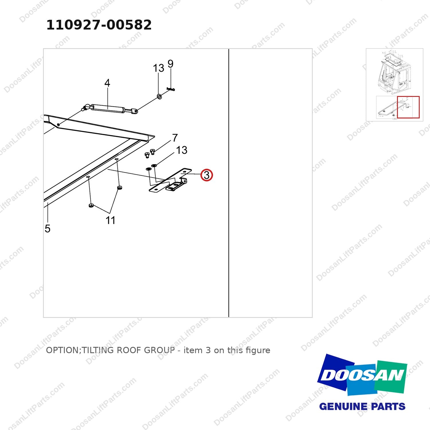 110927-00582 OPTION;TILTING ROOF GROUP - parts diagram, item 3 shown - genuine Doosan / Bobcat forklift part