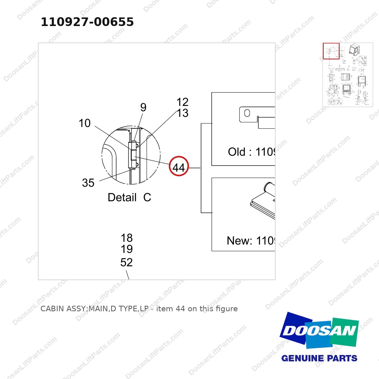 110927-00655 CABIN ASSY;MAIN,D TYPE,LP - parts diagram, item 44 shown - genuine Doosan / Bobcat forklift part