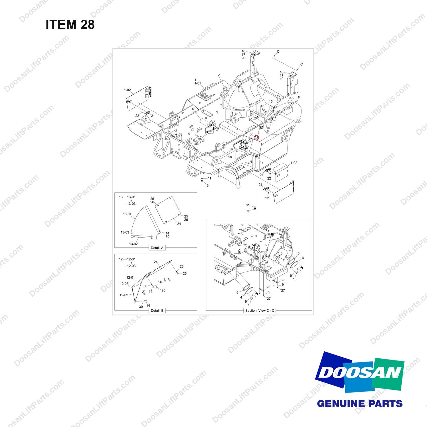 110927-00988 FRAME GROUP;D70,55KW,FS,LEYE,DS,BOBCAT - full parts diagram, item 28 marked - genuine Doosan / Bobcat forklift part