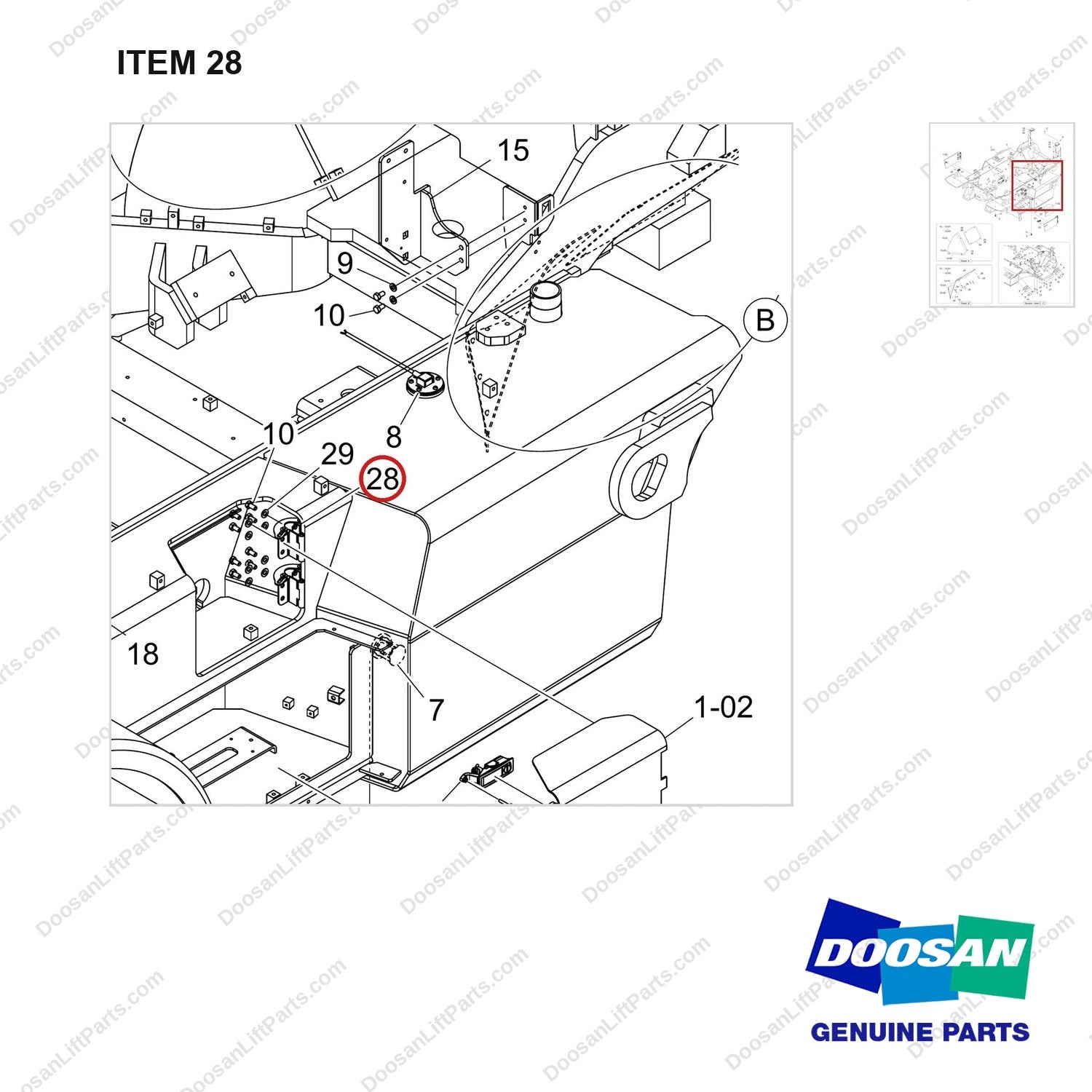 110927-00988 FRAME GROUP;D70,55KW,FS,LEYE,DS,BOBCAT - parts diagram, item 28 shown - genuine Doosan / Bobcat forklift part