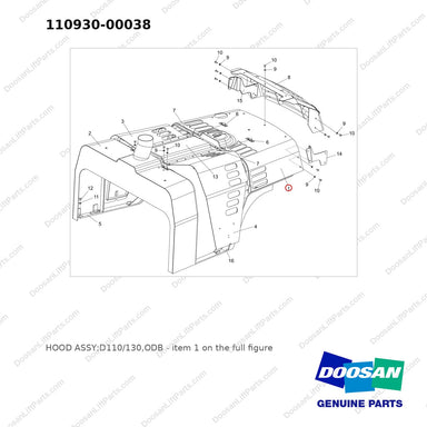 110930-00038 HOOD ASSY;D110/130,ODB - full parts diagram, item 1 marked - genuine Doosan / Bobcat forklift part