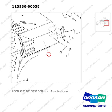 110930-00038 HOOD ASSY;D110/130,ODB - parts diagram, item 1 shown - genuine Doosan / Bobcat forklift part