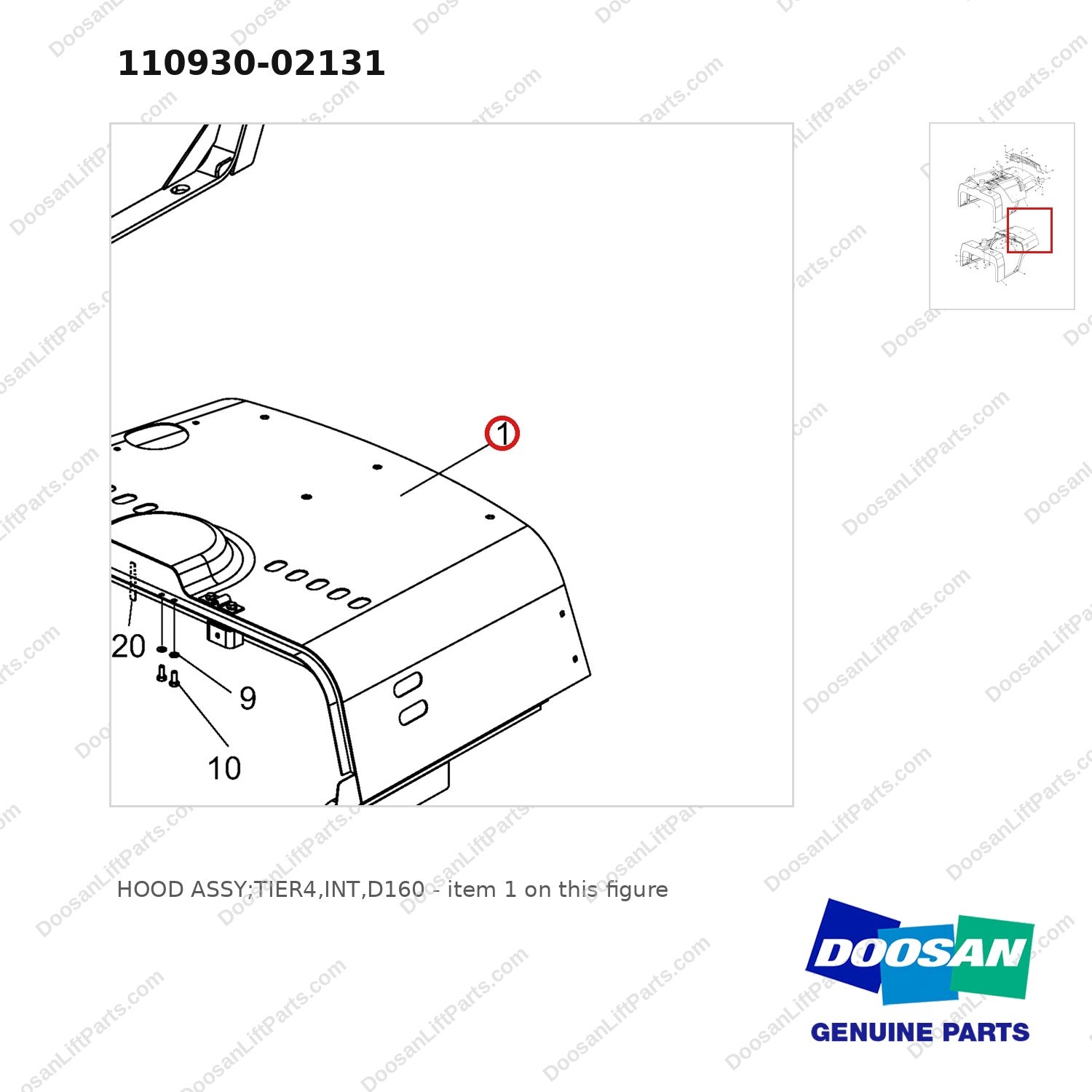 110930-02131 HOOD ASSY;TIER4,INT,D160 - parts diagram, item 1 shown - genuine Doosan / Bobcat forklift part