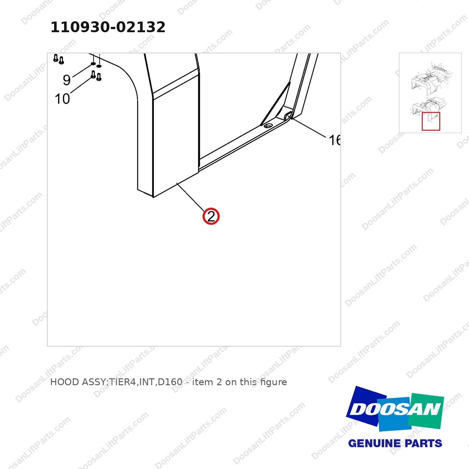 110930-02132 HOOD ASSY;TIER4,INT,D160 - parts diagram, item 2 shown - genuine Doosan / Bobcat forklift part