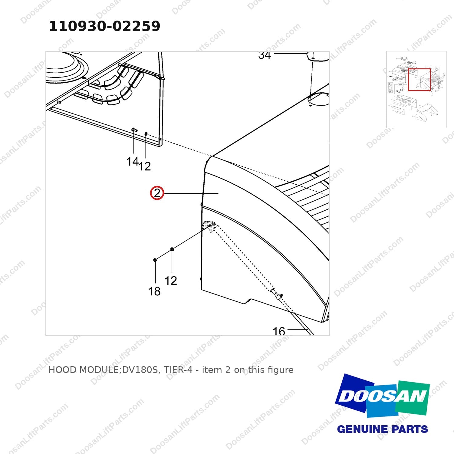 110930-02259 HOOD MODULE;DV180S, TIER-4 - parts diagram, item 2 shown - genuine Doosan / Bobcat forklift part