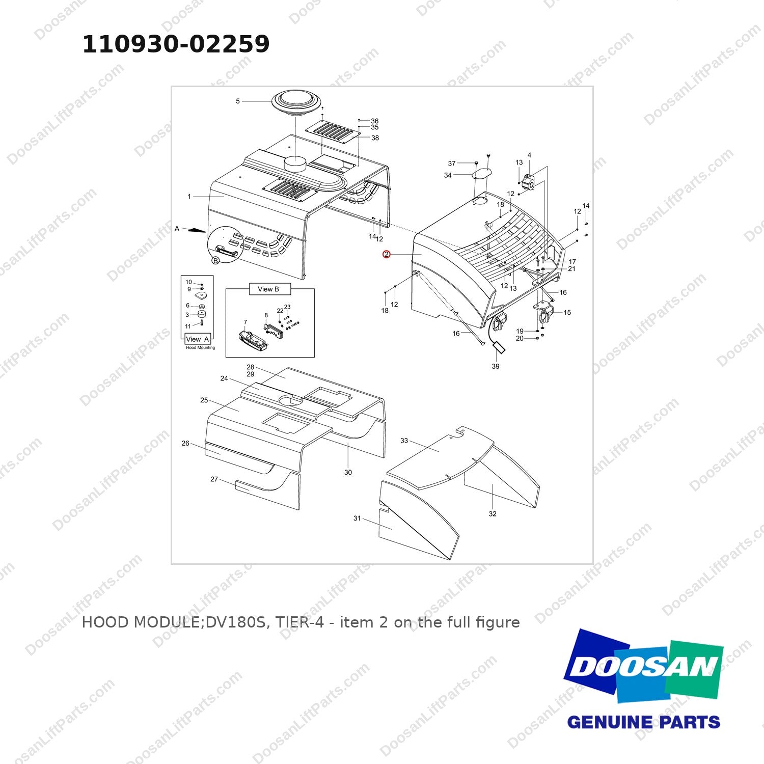 110930-02259 HOOD MODULE;DV180S, TIER-4 - full parts diagram, item 2 marked - genuine Doosan / Bobcat forklift part