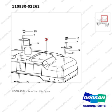110930-02262 HOOD ASSY - parts diagram, item 1 shown - genuine Doosan / Bobcat forklift part