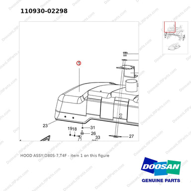 110930-02298 HOOD ASSY;D80S-7,T4F - parts diagram, item 1 shown - genuine Doosan / Bobcat forklift part