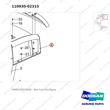110930-02315 HOOD ASSY;MAIN - parts diagram, item 4 shown - genuine Doosan / Bobcat forklift part