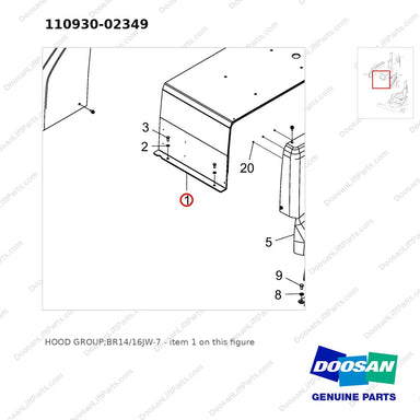 110930-02349 HOOD GROUP;BR14/16JW-7 - parts diagram, item 1 shown - genuine Doosan / Bobcat forklift part