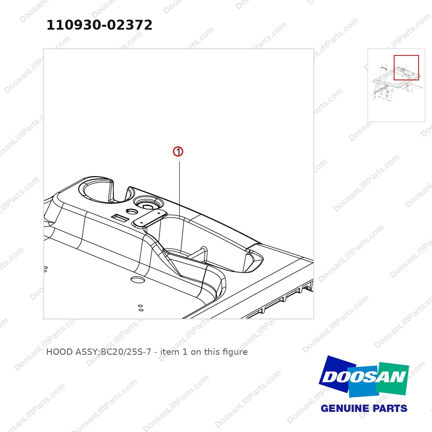 110930-02372 HOOD ASSY;BC20/25S-7 - parts diagram, item 1 shown - genuine Doosan / Bobcat forklift part