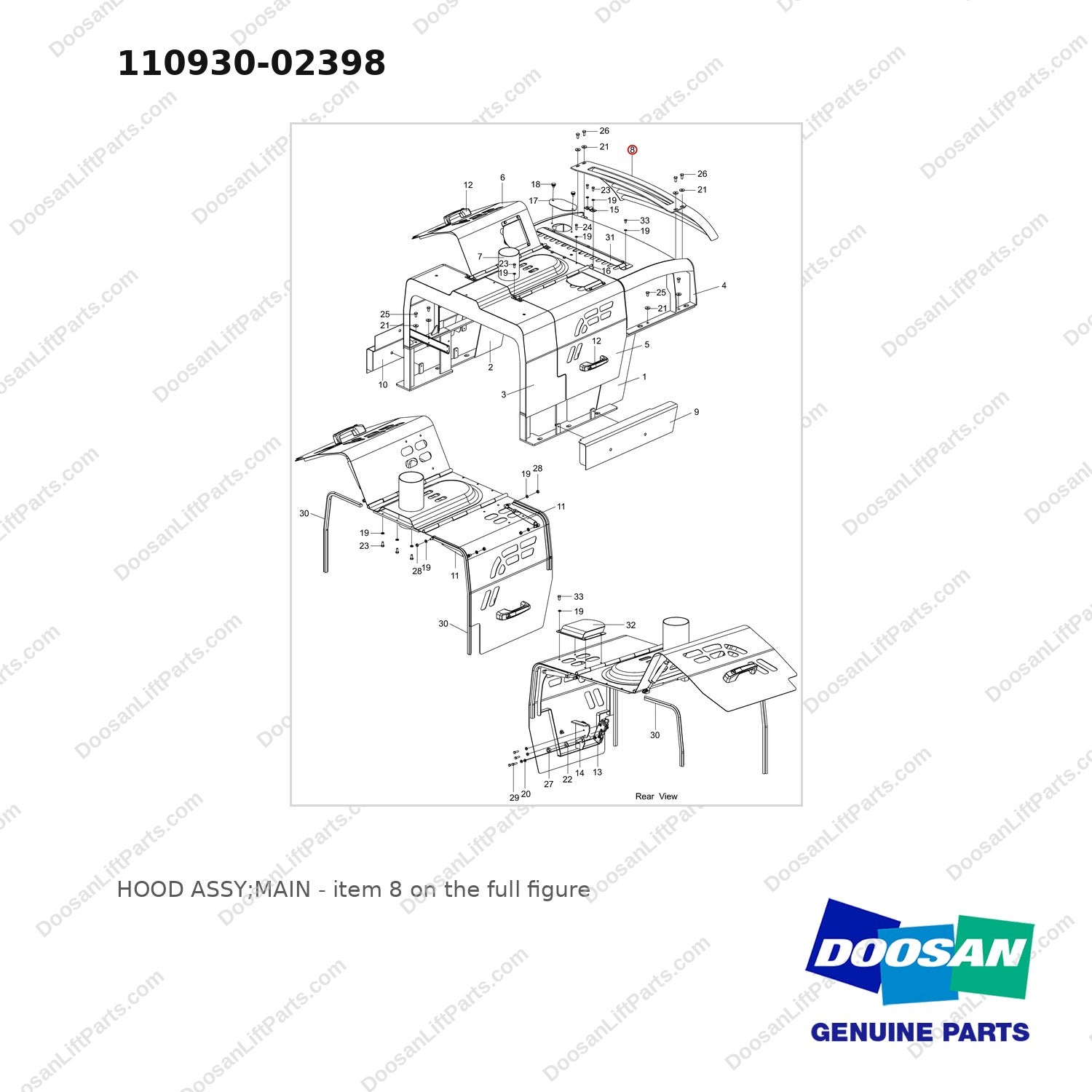 110930-02398 HOOD ASSY;MAIN - full parts diagram, item 8 marked - genuine Doosan / Bobcat forklift part
