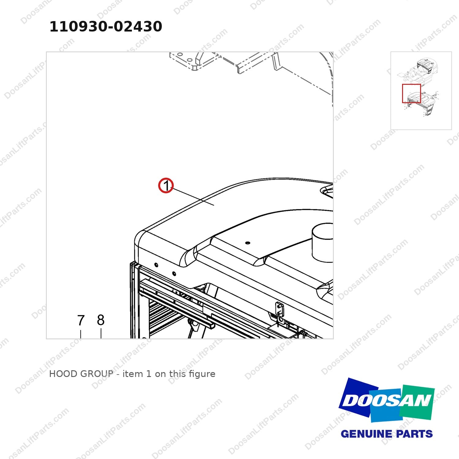 110930-02430 HOOD GROUP - parts diagram, item 1 shown - genuine Doosan / Bobcat forklift part
