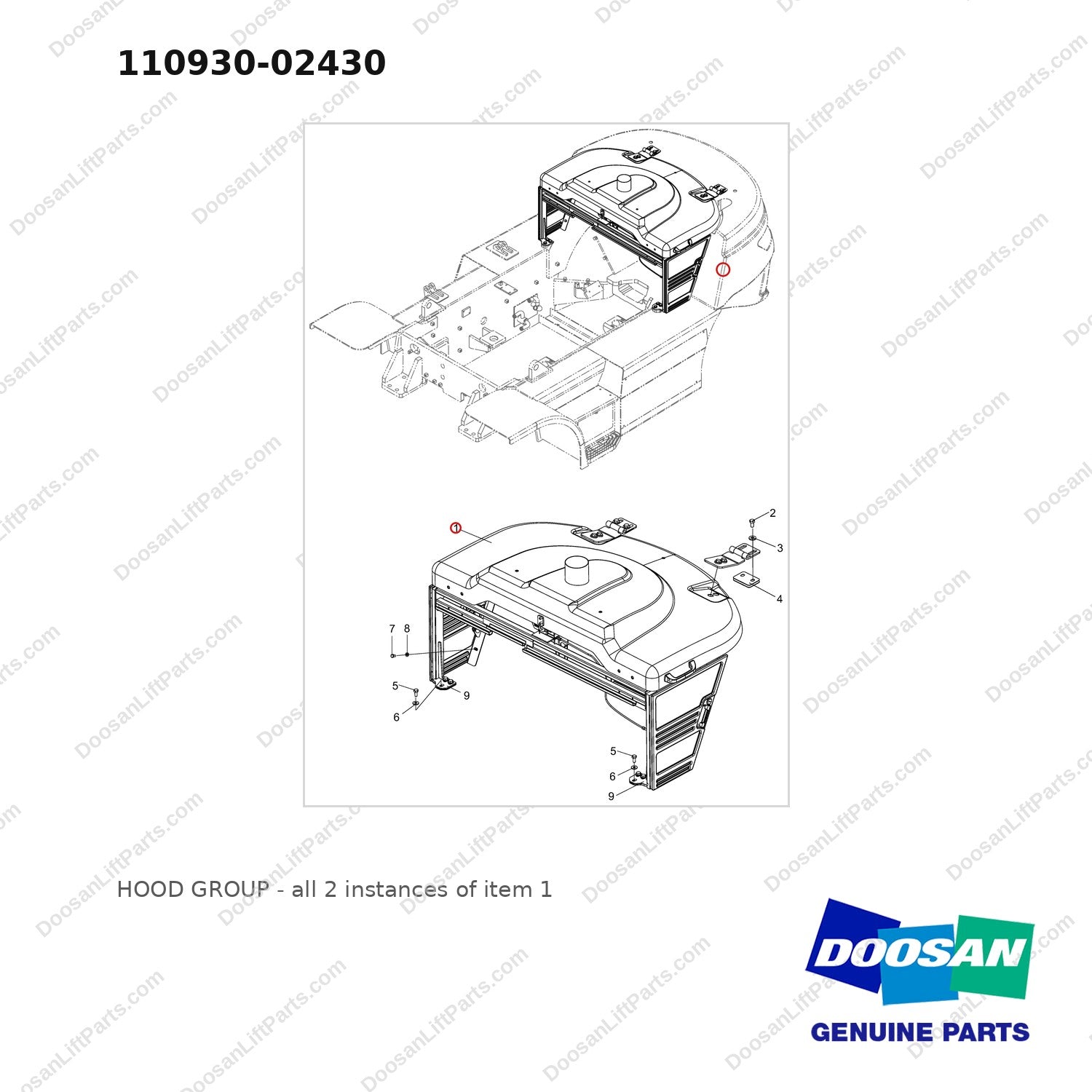 110930-02430 HOOD GROUP - full parts diagram, item 1 marked - genuine Doosan / Bobcat forklift part