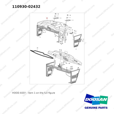 110930-02432 HOOD ASSY - full parts diagram, item 1 marked - genuine Doosan / Bobcat forklift part