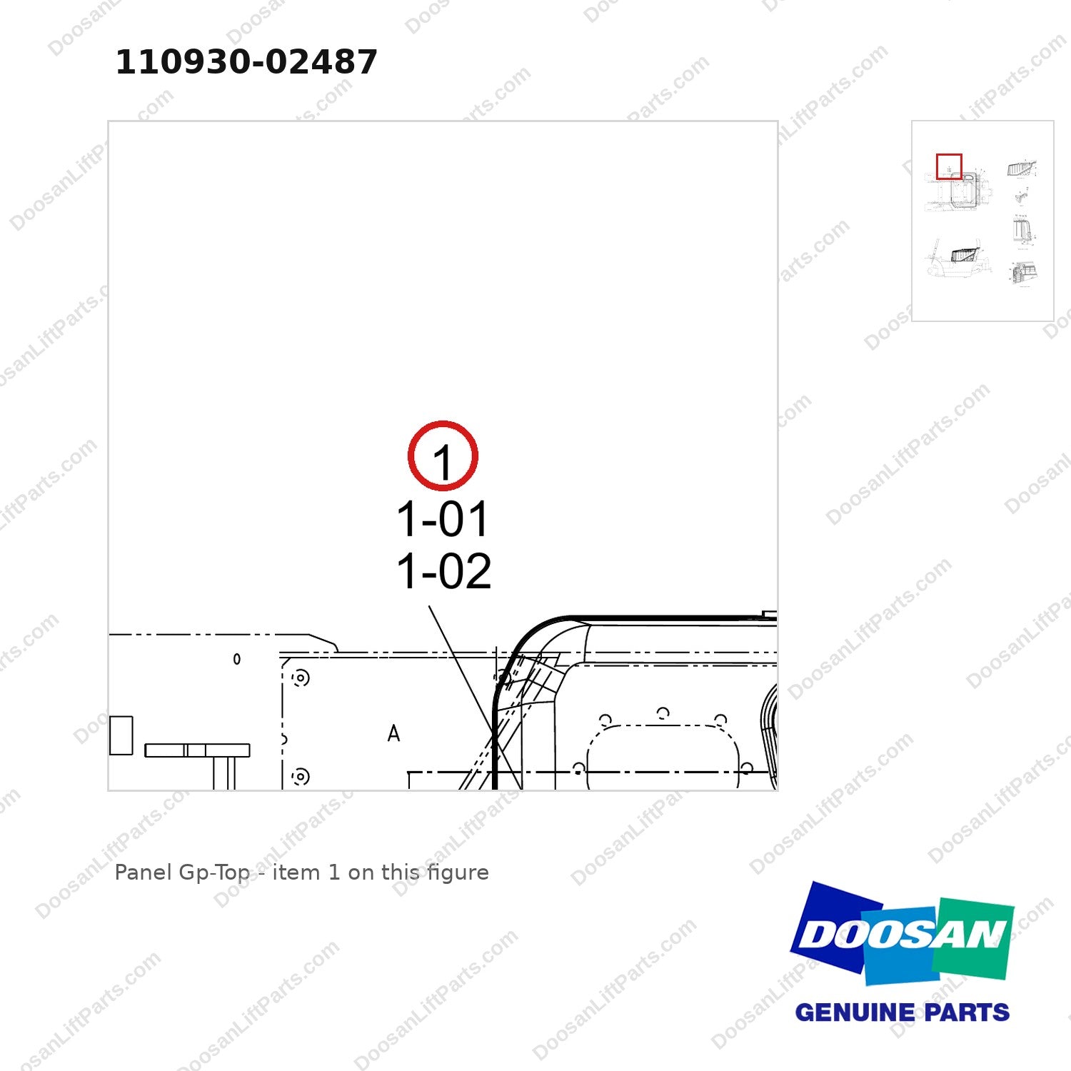 110930-02487 Panel Gp-Top - parts diagram, item 1 shown - genuine Doosan / Bobcat forklift part