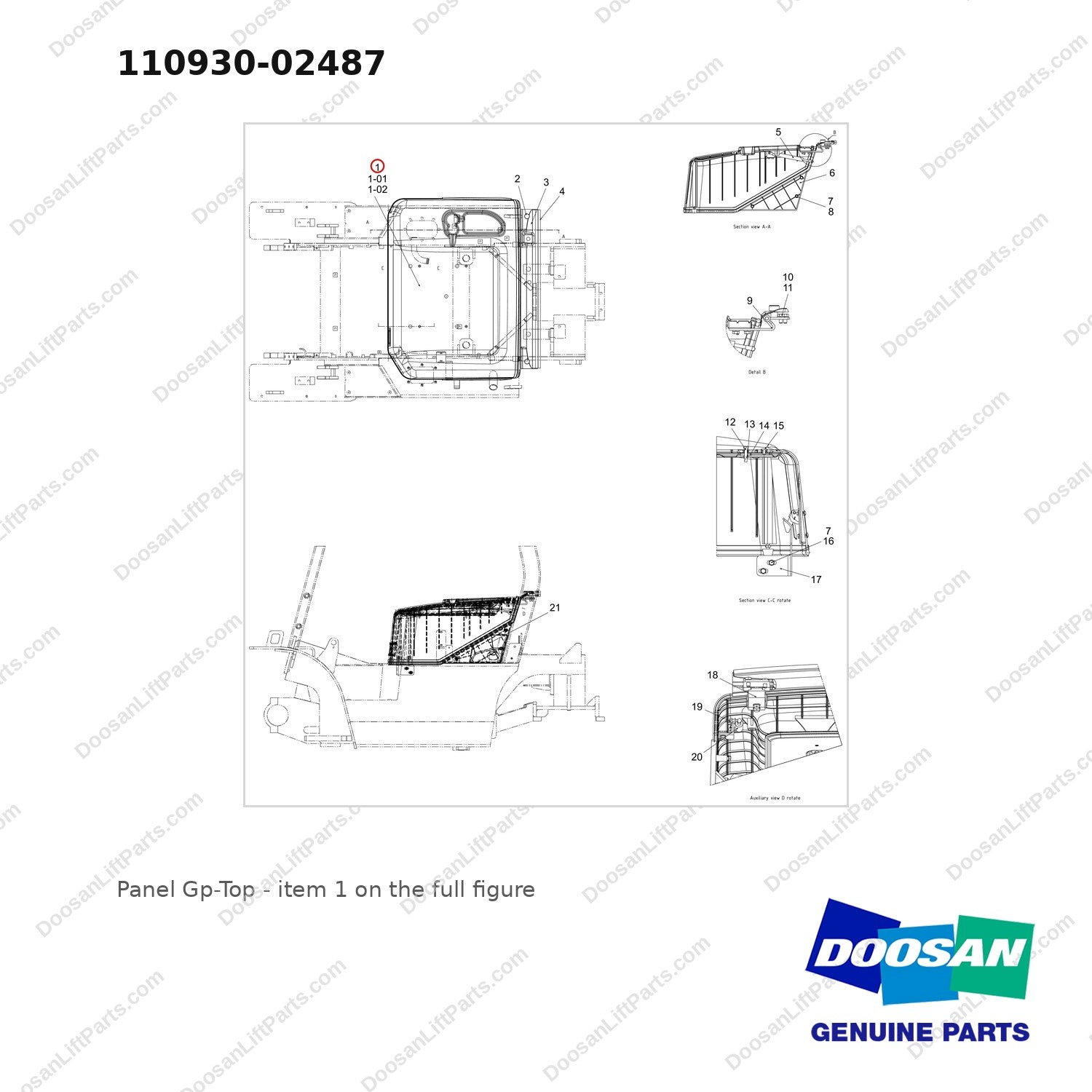 110930-02487 Panel Gp-Top - full parts diagram, item 1 marked - genuine Doosan / Bobcat forklift part
