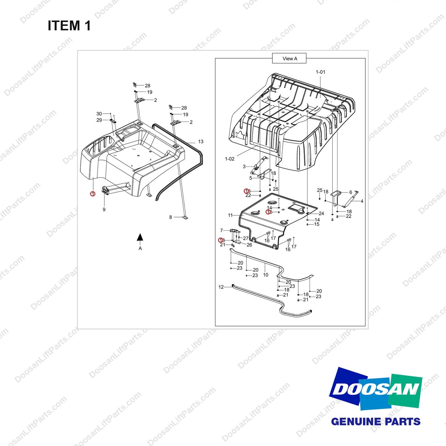 110930-02598 HOOD GROUP - full parts diagram, item 1 marked - genuine Doosan / Bobcat forklift part