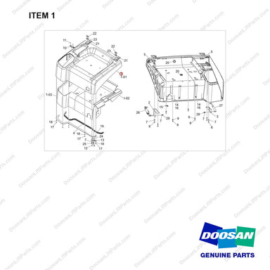 110930-03240 HOOD MODULE;D25S-9 - full parts diagram, item 1 marked - genuine Doosan / Bobcat forklift part