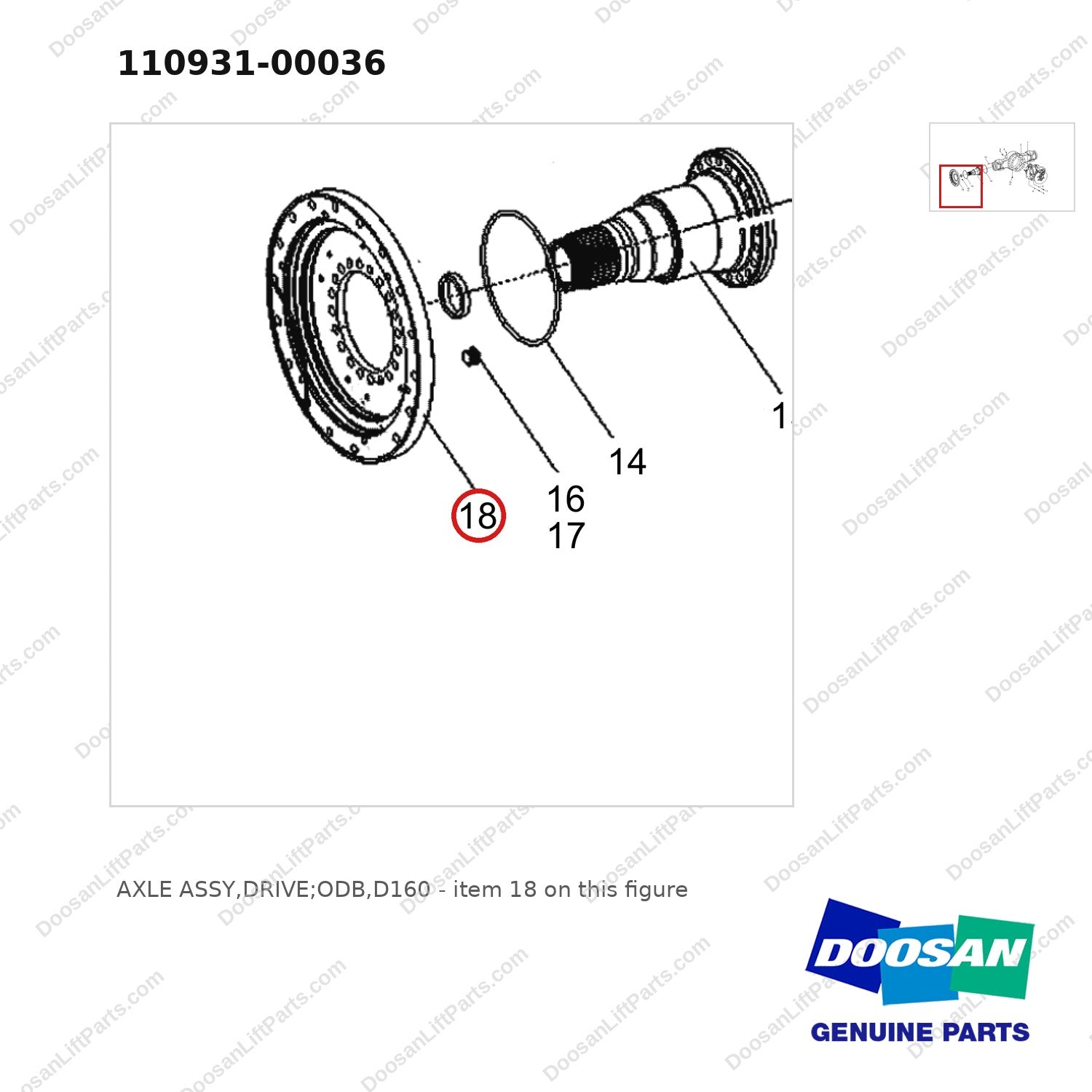 110931-00036 AXLE ASSY,DRIVE;ODB,D160 - parts diagram, item 18 shown - genuine Doosan / Bobcat forklift part