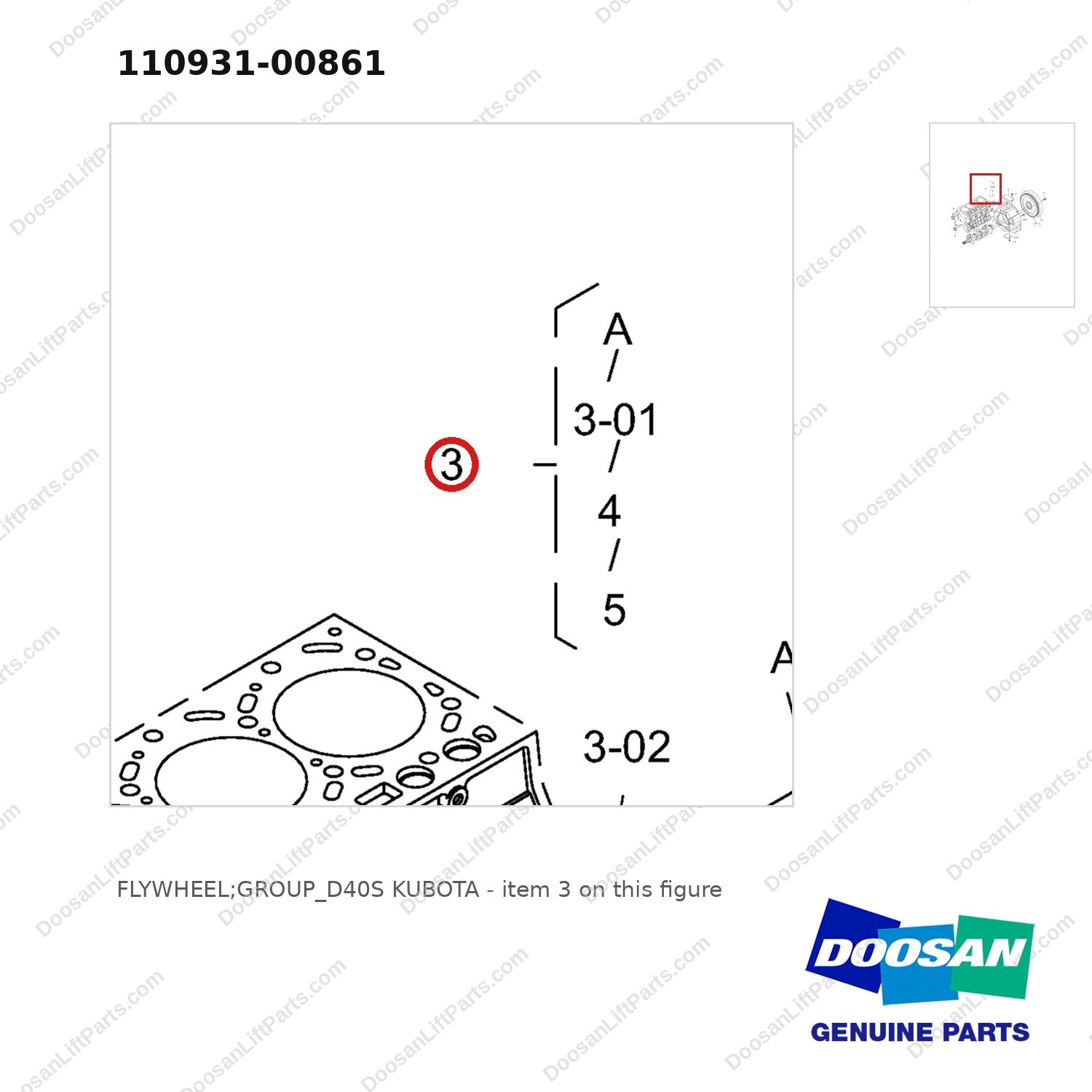 110931-00861 FLYWHEEL;GROUP_D40S KUBOTA - parts diagram, item 3 shown - genuine Doosan / Bobcat forklift part