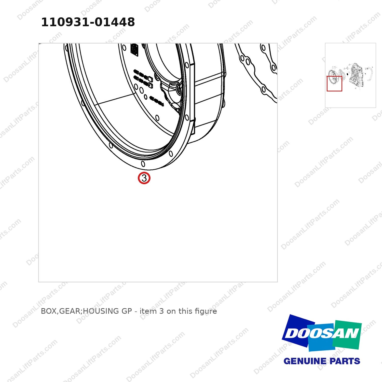 110931-01448 BOX,GEAR;HOUSING GP - parts diagram, item 3 shown - genuine Doosan / Bobcat forklift part