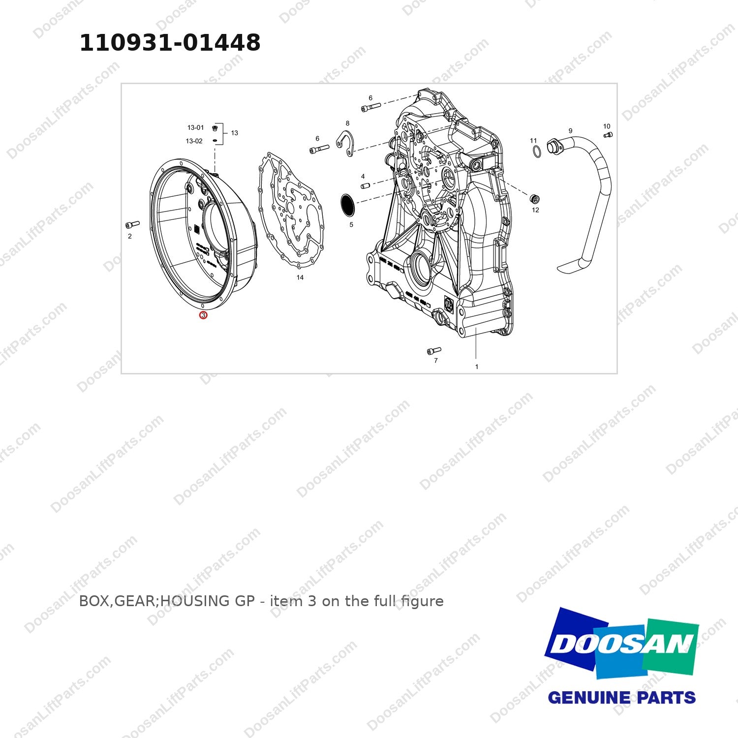 110931-01448 BOX,GEAR;HOUSING GP - full parts diagram, item 3 marked - genuine Doosan / Bobcat forklift part