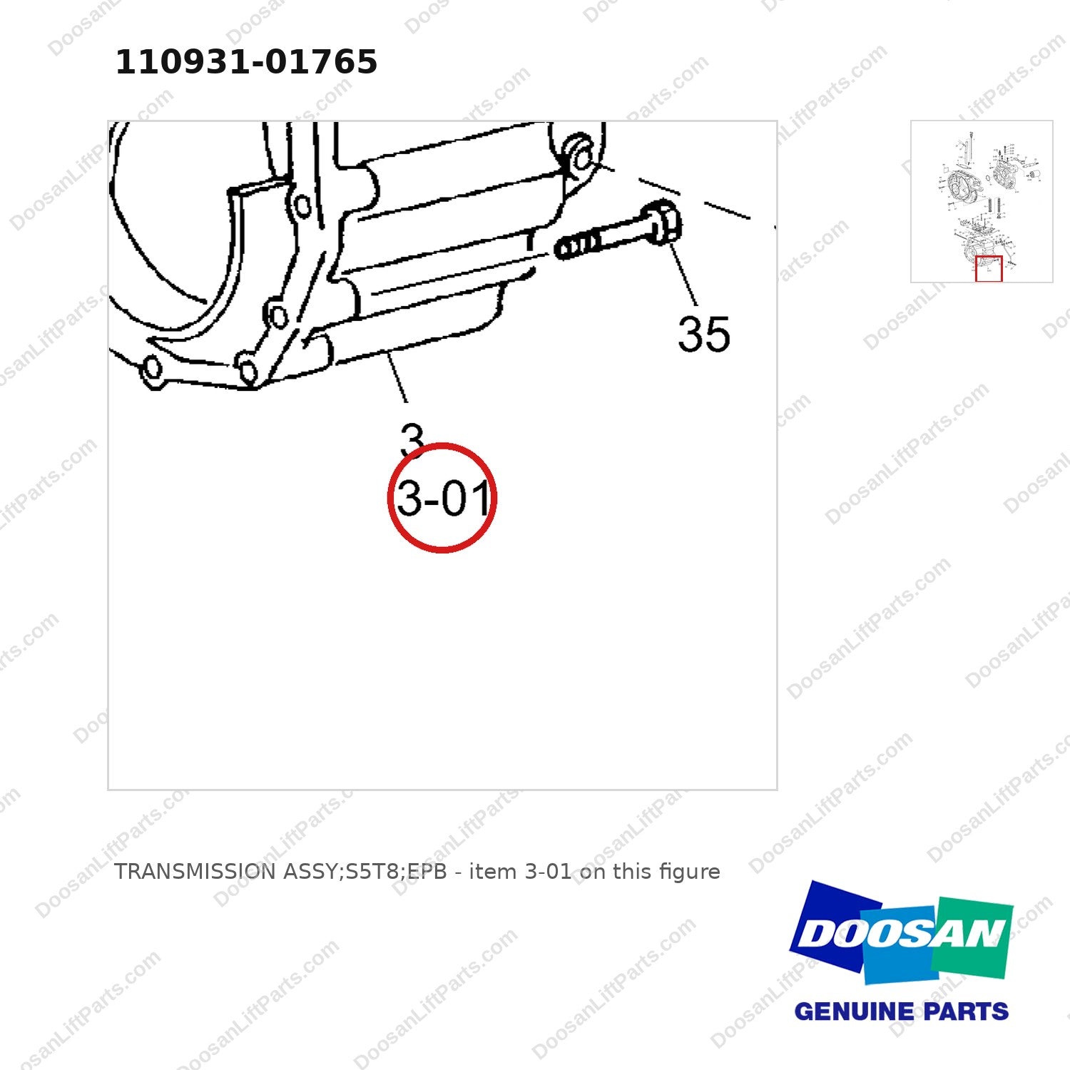110931-01765 TRANSMISSION ASSY;S5T8;EPB - parts diagram, item 3-01 shown - genuine Doosan / Bobcat forklift part