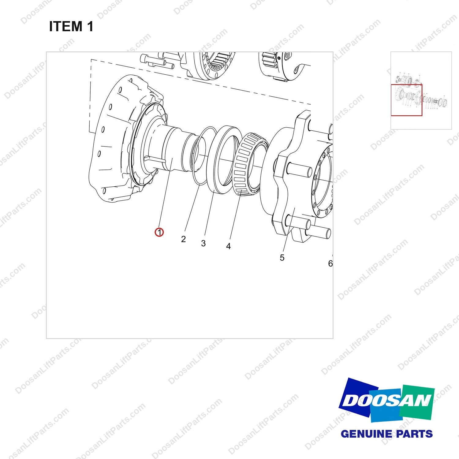 110931-02403 HUB ASSY;LH - parts diagram, item 1 shown - genuine Doosan / Bobcat forklift part