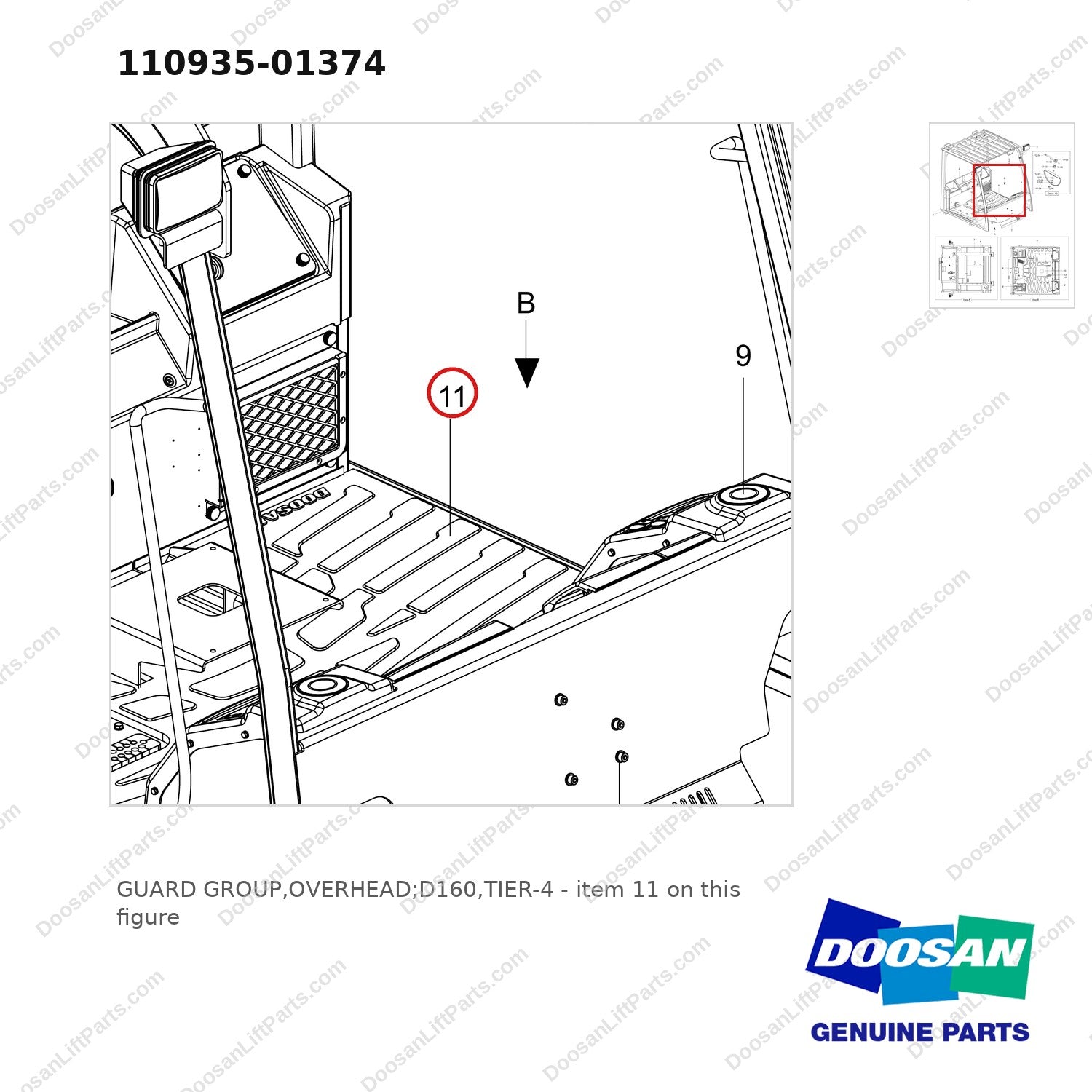 110935-01374 GUARD GROUP,OVERHEAD;D160,TIER-4 - parts diagram, item 11 shown - genuine Doosan / Bobcat forklift part