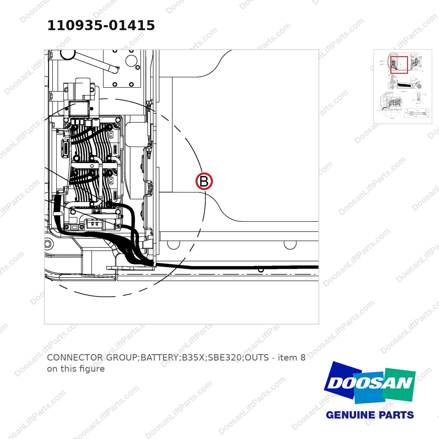 110935-01415 CONNECTOR GROUP;BATTERY;B35X;SBE320;OUTS - parts diagram, item 8 shown - genuine Doosan / Bobcat forklift part