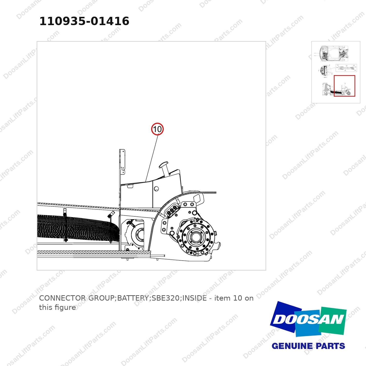 110935-01416 CONNECTOR GROUP;BATTERY;SBE320;INSIDE - parts diagram, item 10 shown - genuine Doosan / Bobcat forklift part