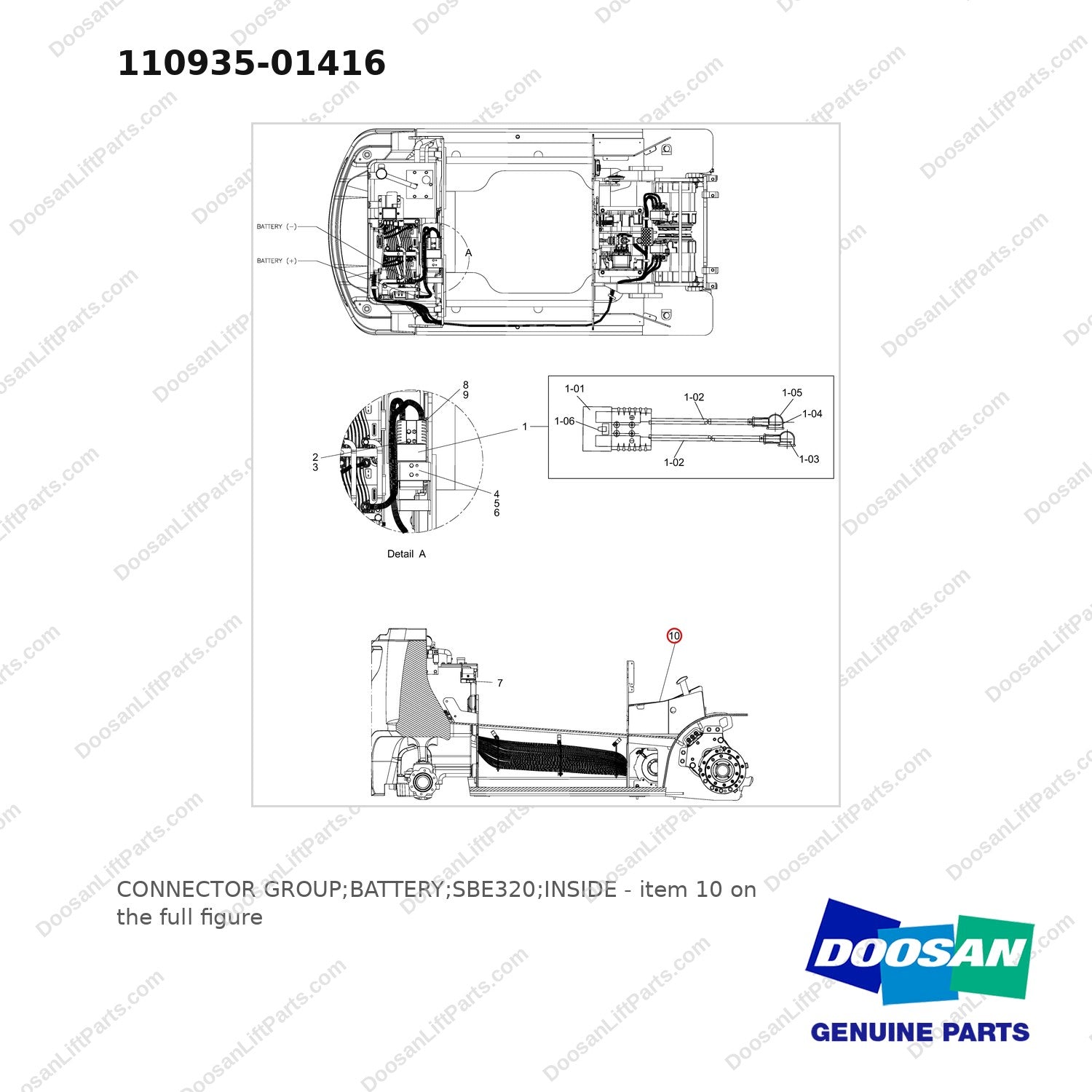 110935-01416 CONNECTOR GROUP;BATTERY;SBE320;INSIDE - full parts diagram, item 10 marked - genuine Doosan / Bobcat forklift part