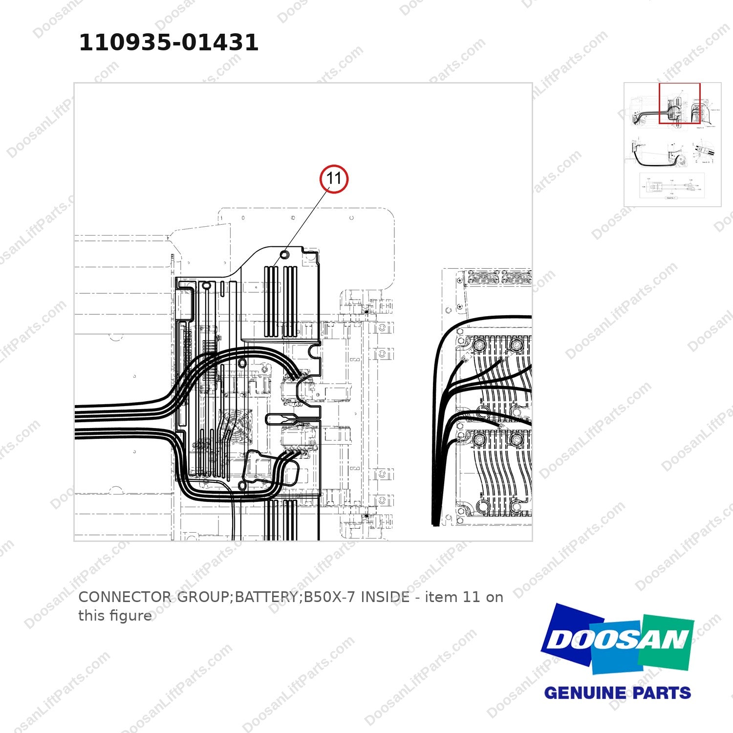 110935-01431 CONNECTOR GROUP;BATTERY;B50X-7 INSIDE - parts diagram, item 11 shown - genuine Doosan / Bobcat forklift part
