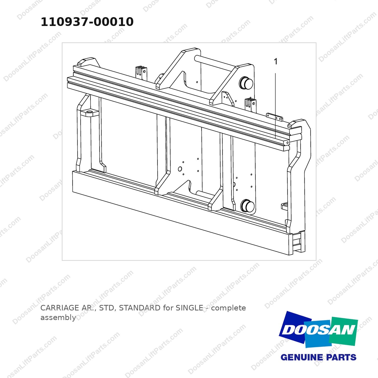 110937-00010 CARRIAGE AR., STD, STANDARD for SINGLE - full parts diagram - genuine Doosan / Bobcat forklift part