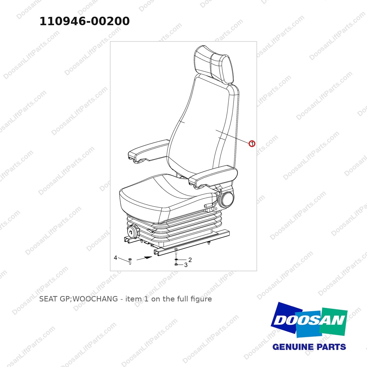 110946-00200 SEAT GP;WOOCHANG - full parts diagram, item 1 marked - genuine Doosan / Bobcat forklift part