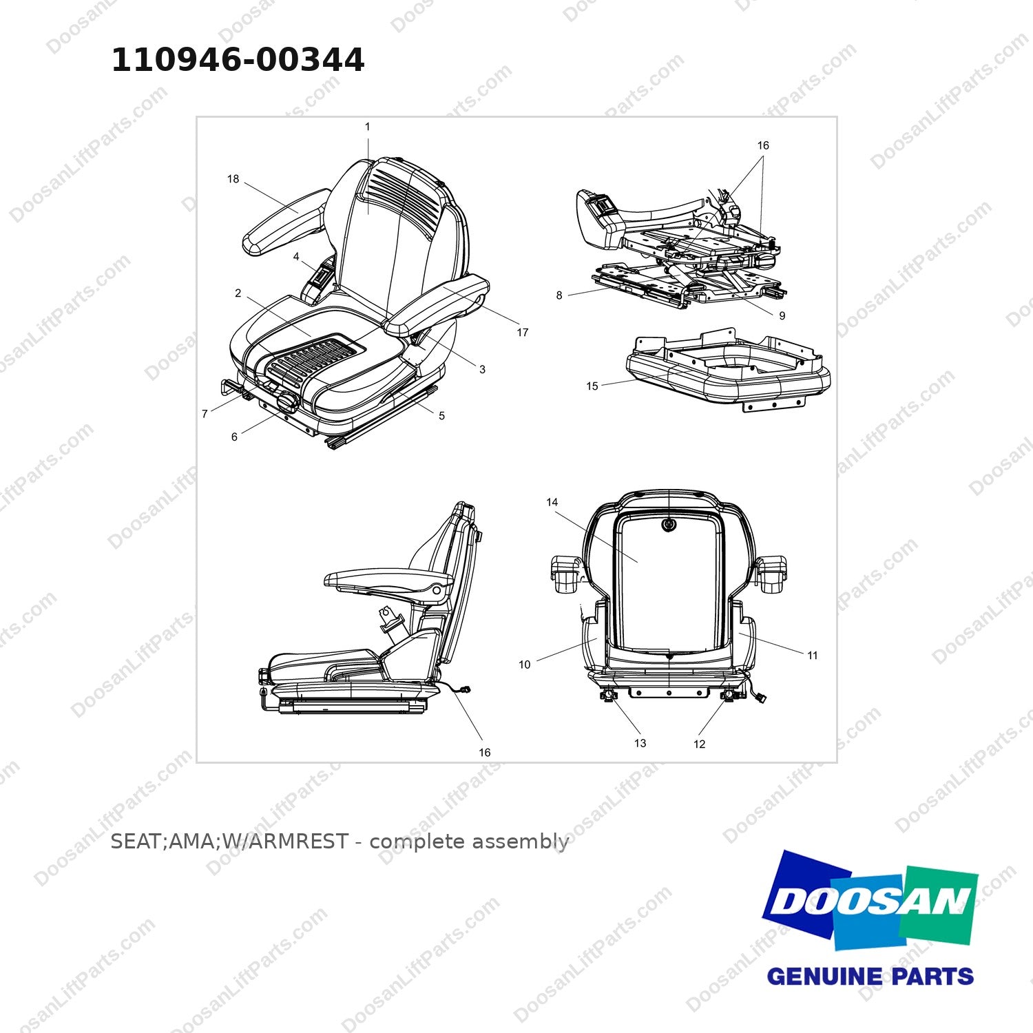 110946-00344 SEAT;AMA;W/ARMREST - full parts diagram - genuine Doosan / Bobcat forklift part