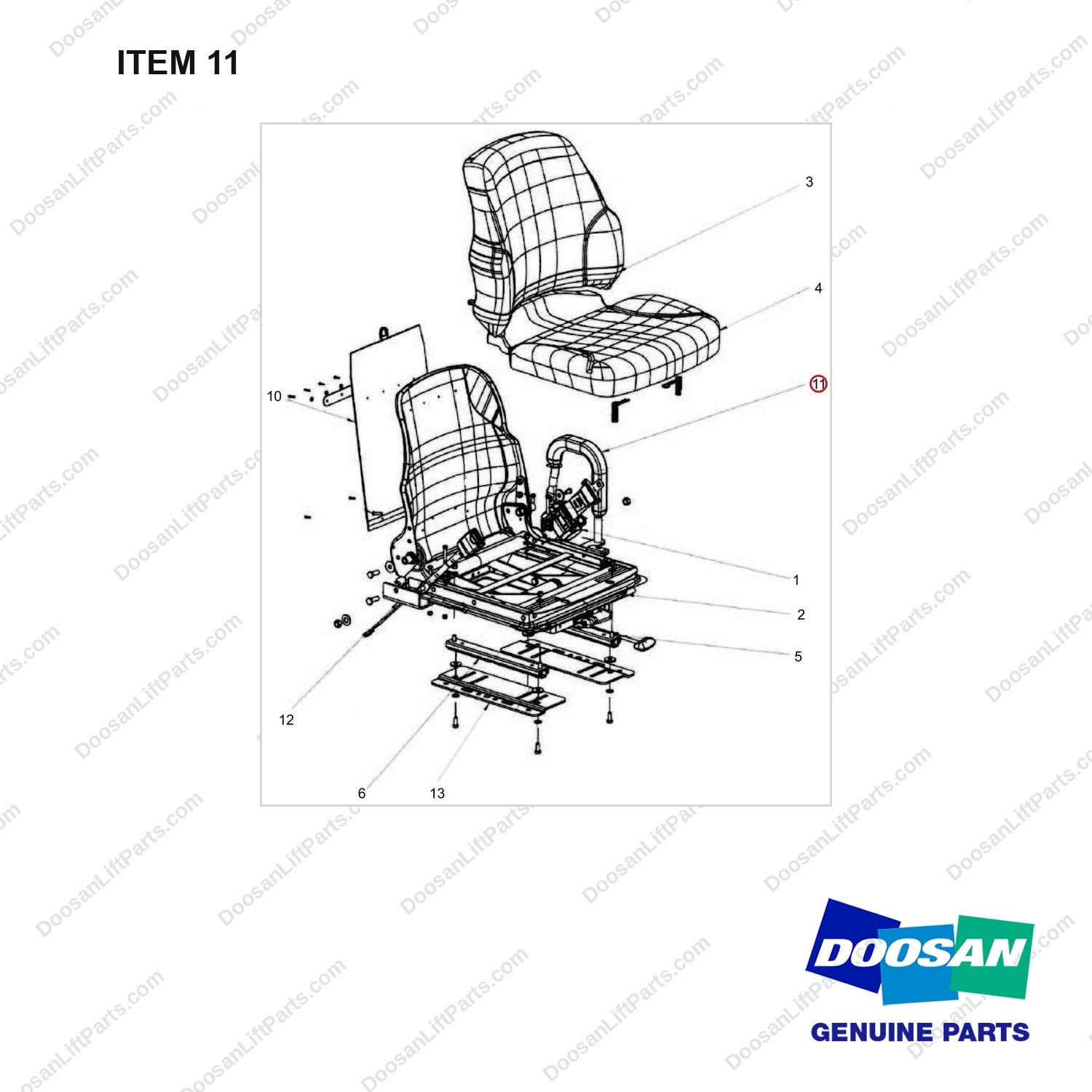 110946-00510 SEAT;SUS/CLOTH/HIPREST/FINGERTIP - full parts diagram, item 11 marked - genuine Doosan / Bobcat forklift part