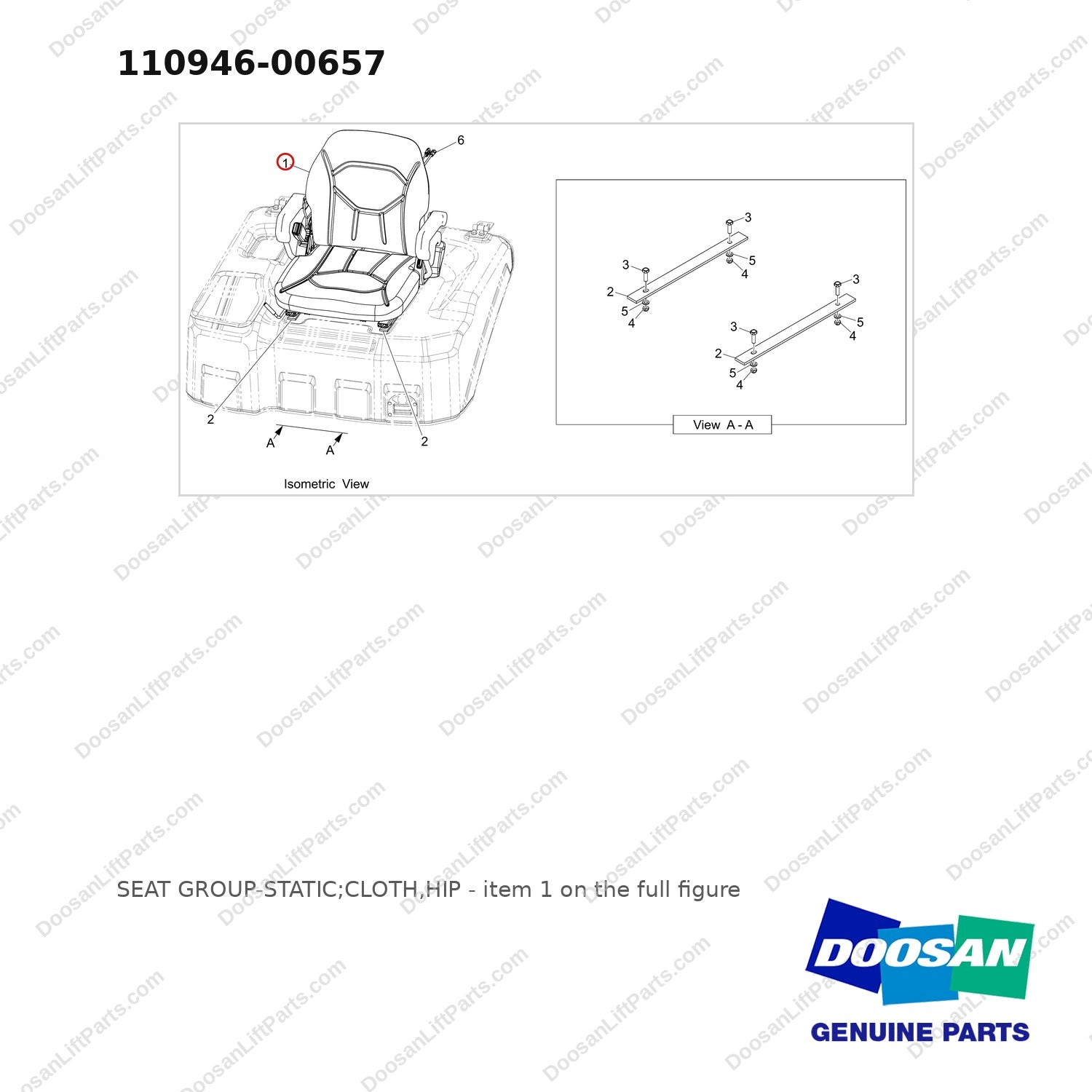 110946-00657 SEAT GROUP-STATIC;CLOTH,HIP - full parts diagram, item 1 marked - genuine Doosan / Bobcat forklift part