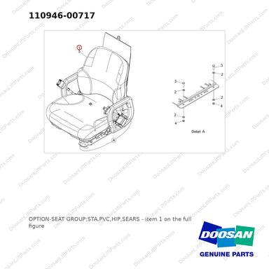 110946-00717 OPTION-SEAT GROUP;STA,PVC,HIP,SEARS - full parts diagram, item 1 marked - genuine Doosan / Bobcat forklift part