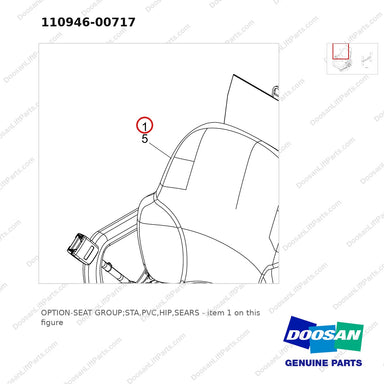 110946-00717 OPTION-SEAT GROUP;STA,PVC,HIP,SEARS - parts diagram, item 1 shown - genuine Doosan / Bobcat forklift part