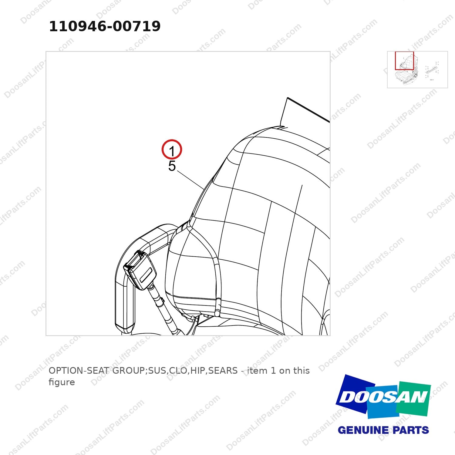 110946-00719 OPTION-SEAT GROUP;SUS,CLO,HIP,SEARS - parts diagram, item 1 shown - genuine Doosan / Bobcat forklift part