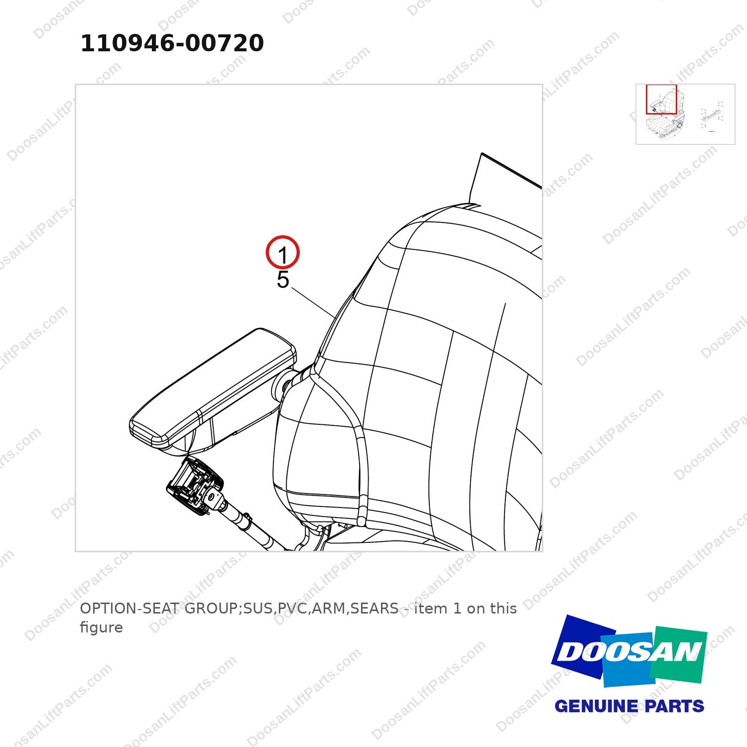 110946-00720 OPTION-SEAT GROUP;SUS,PVC,ARM,SEARS - parts diagram, item 1 shown - genuine Doosan / Bobcat forklift part