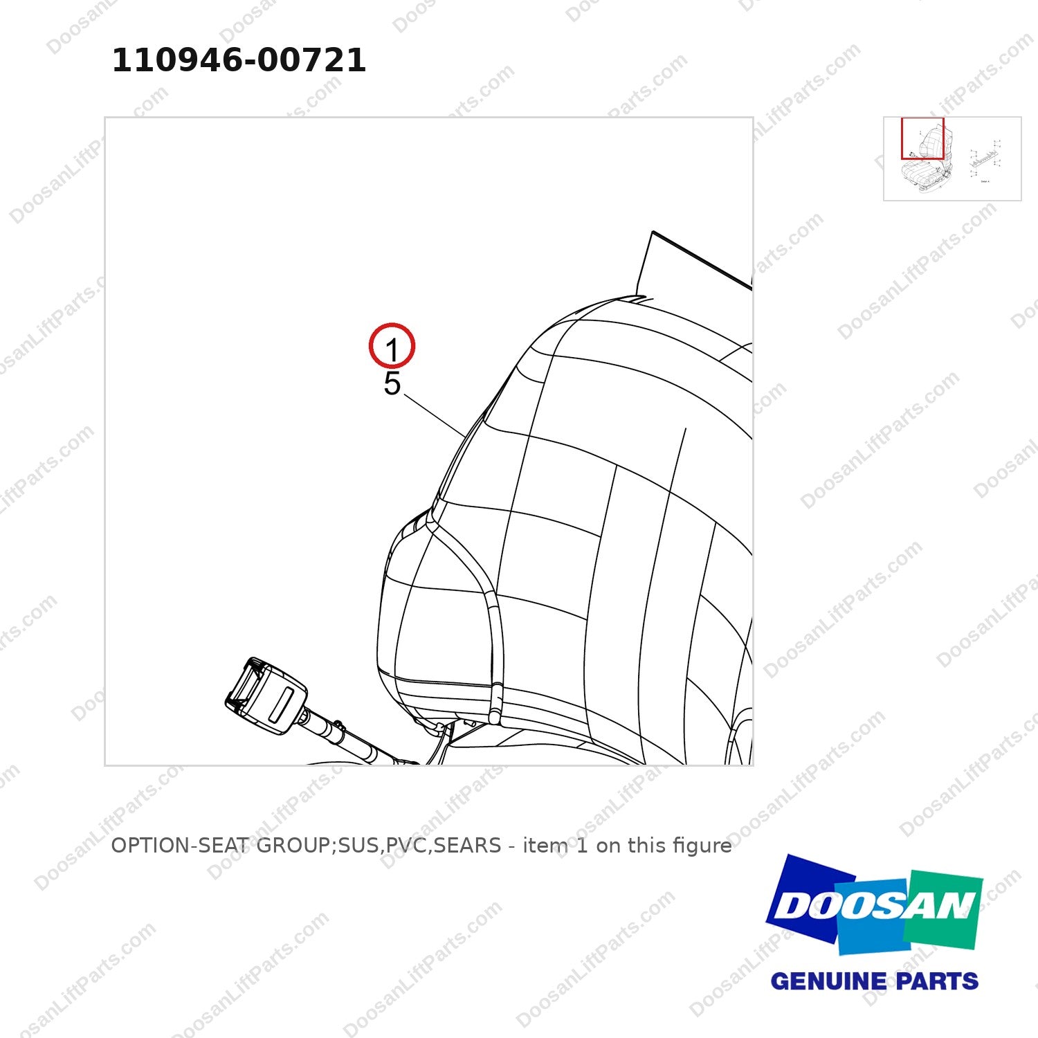 110946-00721 OPTION-SEAT GROUP;SUS,PVC,SEARS - parts diagram, item 1 shown - genuine Doosan / Bobcat forklift part
