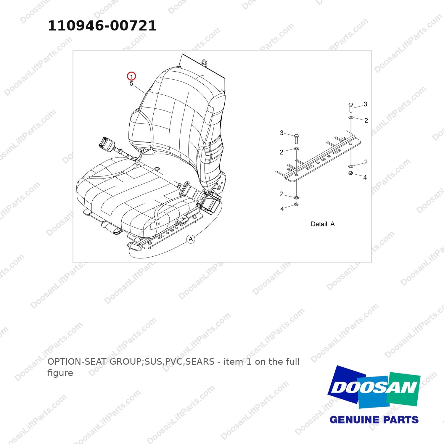 110946-00721 OPTION-SEAT GROUP;SUS,PVC,SEARS - full parts diagram, item 1 marked - genuine Doosan / Bobcat forklift part