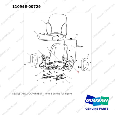 110946-00729 SEAT;STATIC/PVC/HIPREST - full parts diagram, item 8 marked - genuine Doosan / Bobcat forklift part