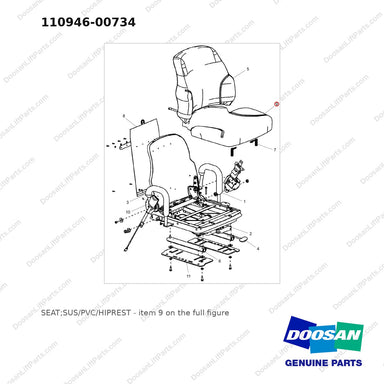 110946-00734 SEAT;SUS/PVC/HIPREST - full parts diagram, item 9 marked - genuine Doosan / Bobcat forklift part