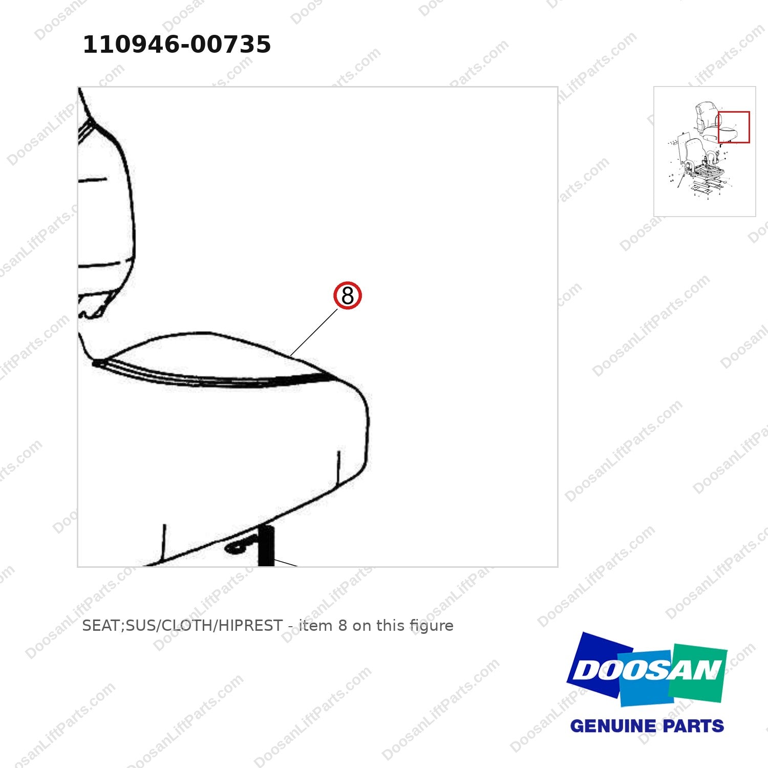 110946-00735 SEAT;SUS/CLOTH/HIPREST - parts diagram, item 8 shown - genuine Doosan / Bobcat forklift part
