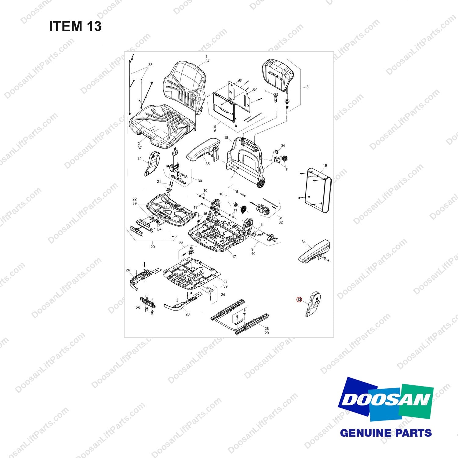 110946-00765 SEAT ASSY;AIR SUSPEN, ARMREST,PVC,HEATER - full parts diagram, item 13 marked - genuine Doosan / Bobcat forklift part
