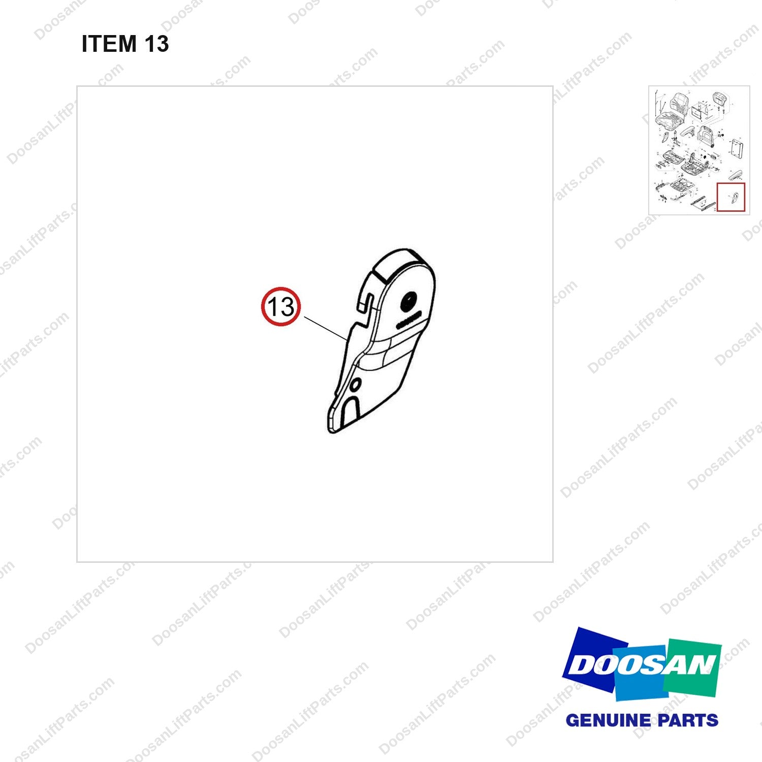 110946-00765 SEAT ASSY;AIR SUSPEN, ARMREST,PVC,HEATER - parts diagram, item 13 shown - genuine Doosan / Bobcat forklift part